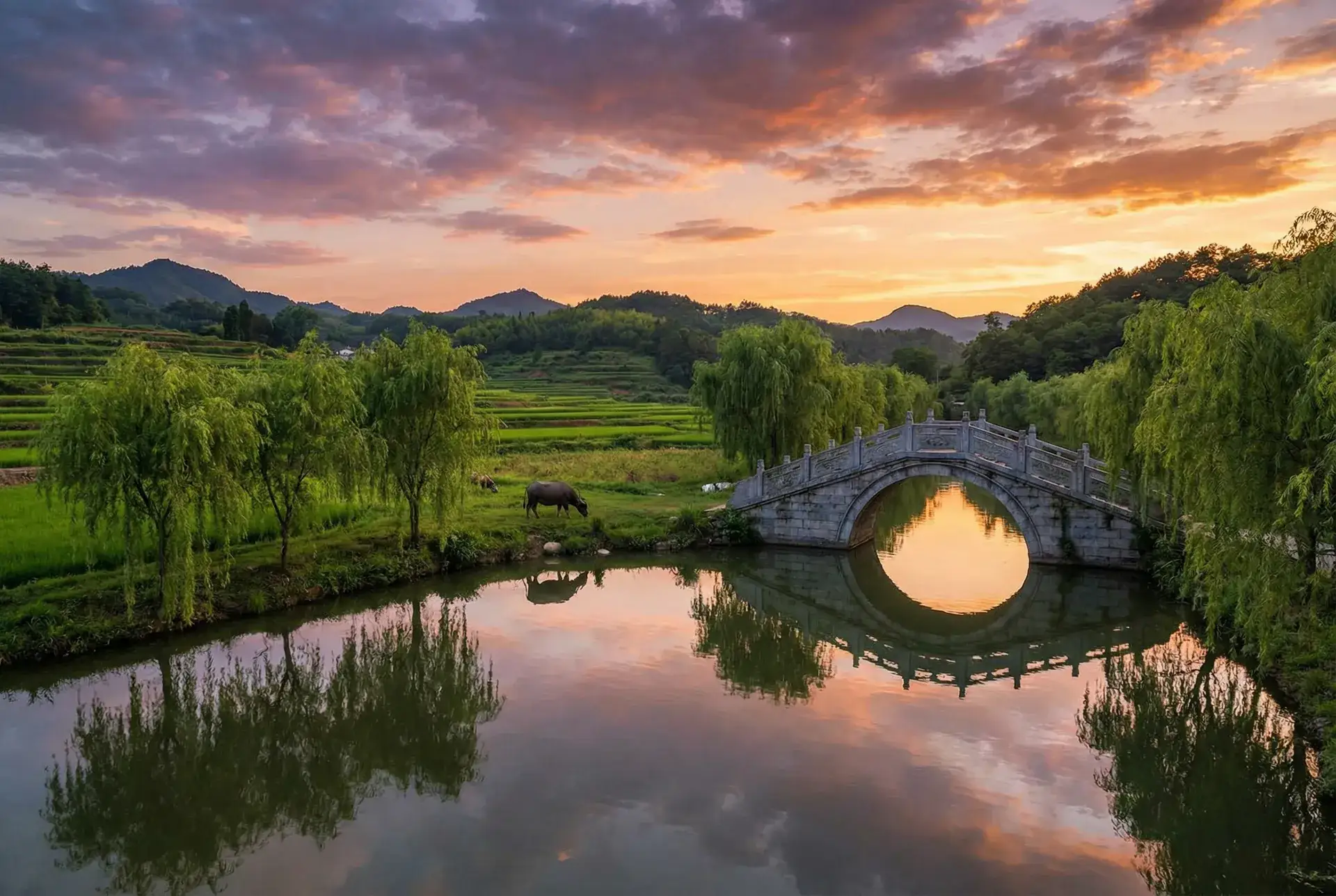 夕阳下的石拱桥与垂柳，水牛在河边吃草 - 肉蒲团高清在线观看 乡村美景